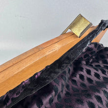 Load image into Gallery viewer, Original 1920's 1930's Dark Purple Silk Bag with Inky Black Flock Detailing and Wooden Frame