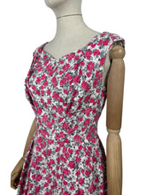 Load image into Gallery viewer, Original 1950's White, Pink and Grey Waffle Cotton Rose Print Day Dress - Bust 35 *