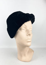 Load image into Gallery viewer, Original 1930's Soft Black Cotton Velvet Hat with Black Feather Trim*