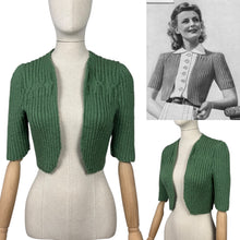 Load image into Gallery viewer, 1940's Reproduction Hand Knitted Bolero in Dark Sage Green Acrylic - Bust 34 36 *