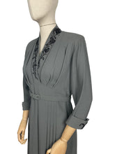 Load image into Gallery viewer, Original 1940's Grey Wool Crepe Belted Dress with Beaded Bodice and Cuff Detail - Bust 38 *