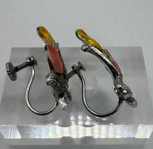 Load image into Gallery viewer, Original 1950's Mid Century Pink and Yellow Enamel and Marcasite Tulip Flower Screw Back Earrings