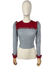 Load image into Gallery viewer, 1940s Reproduction Long Sleeved Jumper in Cherry Red and Light Grey with Frill Trim - Bust 34 36