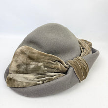 Load image into Gallery viewer, Original 1930's Dove Grey Side Tilt Hat with Large Oversized Velvet Bow Trim *