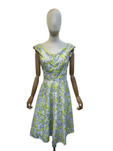 Load image into Gallery viewer, 1950's Style Cotton Day Dress in Chartreuse Green, Black and White Floral Print - Bust 37
