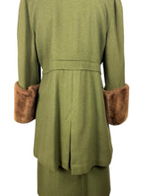 Load image into Gallery viewer, Original 1940's Olive Green Herringbone Wool Long Line Belted Jacket and Skirt Suit with Faux Fur Trim - Short Coat - Bust 36 38