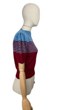 Load image into Gallery viewer, Reproduction 1940's Striped Jumper in Ruby Red and Niagra Blue with Full Puff Sleeves - Bust 34 36