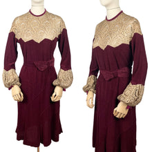 Load image into Gallery viewer, Absolutely Stunning Original 1930's Burgundy Chenille Dress With Bow Belt, Pointed Lace Yoke and Full Sleeves - Bust 34 35