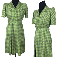 Load image into Gallery viewer, Original 1930's or 1940's Petite Fit Green and Grey Check Fine Wool Belted Day Dress - Bust 32 33