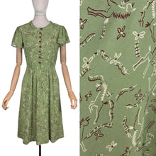 Load image into Gallery viewer, Original 1930's 1940's Novelty Print Green Crepe Day Dress with Horses and Fences Print - Bust 32 34 *
