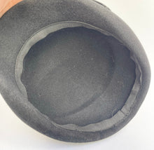 Load image into Gallery viewer, Original 1950's Inky Black Felt Hat with Pleated Satin Trim - Classic Mid Century Piece