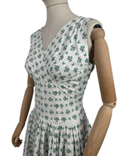 Load image into Gallery viewer, Original 1950’s White Cotton Sleeveless Day Dress with Blue Rosebud Print - Bust 36 37 *
