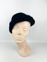 Load image into Gallery viewer, Original 1930's Soft Black Cotton Velvet Hat with Black Feather Trim*
