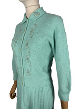 Load image into Gallery viewer, Original 1950's Mint Green Beaded Skirt and Cardigan Knit Set by Orlon - Bust 36