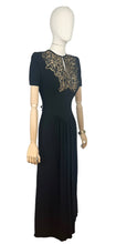 Load image into Gallery viewer, Original 1940’s Black Crepe Evening Dress with Lattice Work Front - Bust 32 34