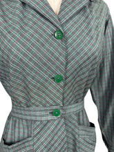Load image into Gallery viewer, Original 1940’s Green and Grey Plaid Cotton Long Sleeved Belted Chore Dress with Pockets - Bust 38