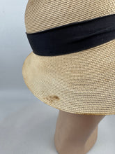 Load image into Gallery viewer, Original 1930's French Made Silk Lined Natural Straw Hat with Black Grosgrain and Metal Trim