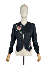 Load image into Gallery viewer, Original 1930’s Inky Black Silk Evening Jacket with Pink and Green Floral Embroidery - Bust 34 35