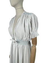 Load image into Gallery viewer, Original 1940's White Crepe Dressing Robe with Ice Blue Smocking Detail - Bust 34 36 *
