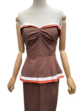 Load image into Gallery viewer, Original 1950's Brown, White and Orange Cotton Wiggle Dress - Bust 34"