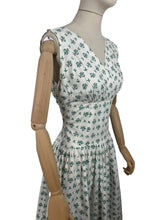Load image into Gallery viewer, Original 1950’s White Cotton Sleeveless Day Dress with Blue Rosebud Print - Bust 36 37 *