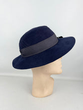 Load image into Gallery viewer, Original 1930's Dark Blue Seamed Felt Fedora with Grosgrain Trim by Fenwick