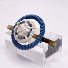 Load image into Gallery viewer, Original 1940's Blue and White Wartime Make Do and Mend Wirework Brooch with Flower Button Middle