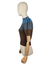 Load image into Gallery viewer, Reproduction 1940's Striped Jumper in Coffee Bean Brown and Dolphin Blue with Full Pull Sleeves - Bust 34 36