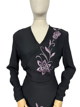 Load image into Gallery viewer, Original 1940's Black Satin Backed Crepe Long Sleeved Cocktail Dress with Lilac Purple Floral Silk Embroidery - Bust 36 38 *