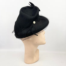 Load image into Gallery viewer, Incredible Original 1930's 1940's Black Felt Topper Hat with Net, Glass Beads and Butterfly Trim *