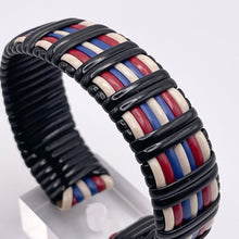 Load image into Gallery viewer, 1940's Make Do and Mend Wire Cuff Bracelet in Patriotic Red, White and Blue 'Telephone Wire'