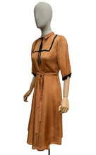 Load image into Gallery viewer, Original 1950's Caramel Coloured Grosgrain Belted Dress with Black Accent Trim - Bust 34 35