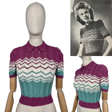 Load image into Gallery viewer, Reproduction 1940’s Hand Knitted Chevron Stripe Jumper in Sea Foam, Mauve and White - Bust 32 34 *