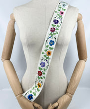 Load image into Gallery viewer, Original 1930's Embroidered Cream Linen Belt with Blue Buckle - Silk Flowers in Red, Purple, Mustard, Blue and Orange