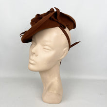 Load image into Gallery viewer, Original 1940's Rust Felt Tilt Topper Hat Trimmed with Large Felt Leaves and with a Neat Tie Back *