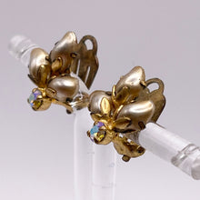 Load image into Gallery viewer, Vintage Flower Clip on Earrings with Trio of Gold Pearl Petals and Aurora Borealis Paste