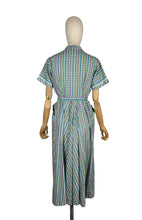 Load image into Gallery viewer, Original 1950's Australian Made Bright Floral Stripe Cotton Belted Day Dress in Green, Blue, Pink, Black and White - Bust 38 40 *