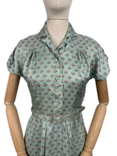 Load image into Gallery viewer, Original 1950's St Michael Sage Green Artificial Silk Belted Day Dress with Pretty Floral Print in Pink, Yellow and White - Bust 34 36 *
