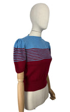 Load image into Gallery viewer, Reproduction 1940's Striped Jumper in Ruby Red and Niagra Blue with Full Puff Sleeves - Bust 34 36