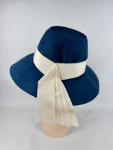 Load image into Gallery viewer, Original 1930's 1940's Blue Felt Fedora with Wide Ivory Grosgrain Band