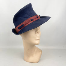 Load image into Gallery viewer, Original 1930’s 1940’s Blue Felt Tilt Fedora Hat with Pretty Rust Suede Trim *