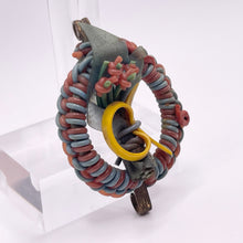 Load image into Gallery viewer, Original 1940's Brown, Mustard and Teal Wartime Make Do and Mend Wire Brooch with Flower Middle