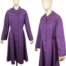 Load image into Gallery viewer, Original 1950’s Deep Purple Ribbed Wool Princess Coat with Shawl Collar - Bust 36