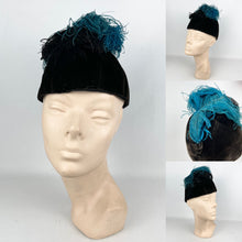 Load image into Gallery viewer, Fabulous Original 1930's Dark Brown Velvet Hat with Ostrich Feather Plume Trim in Blue and Black *