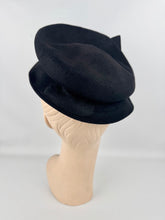 Load image into Gallery viewer, Original 1940's Inky Black Felt New York Creations Hat with Metal Trim and Bow Detail