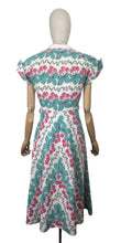 Load image into Gallery viewer, Original 1950's Vibrant Cotton Dress in White, Blue, Black and Pink Cherry Print - Bust 34 35 *