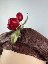 Load image into Gallery viewer, Original 1920's Brown Lacquered Straw Cloche with Upturned Brim and Cherry Trim *