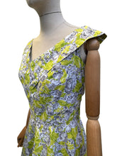 Load image into Gallery viewer, 1950's Style Cotton Day Dress in Chartreuse Green, Black and White Floral Print - Bust 37