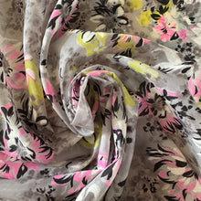 Load image into Gallery viewer, Original 1950's Nylon Floral Dressmaking Fabric in Grey, White, Pink, Black and Yellow - Pleated