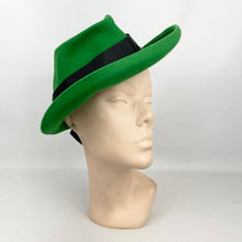 Load image into Gallery viewer, Original 1930's 1940's Vibrant Green Felt Fedora Hat with Black Grosgrain Trim and Rust and Green Hat Pin